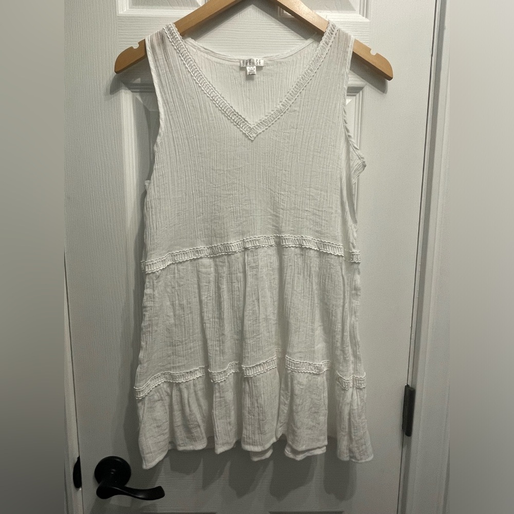 Spense Women’s White Boho Sleeveless Tiered Tunic Top Peasant Cottagecore Medium